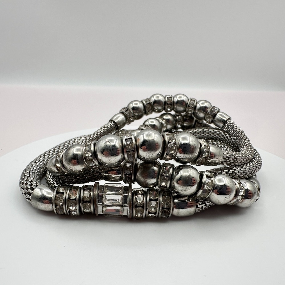 Vintage Y2K Rhinestone Silver Beaded Mesh Chain Wrap Bracelet Jewelry